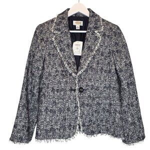 TALBOTS Tweed Blazer Jacket Fringe Trim Blue White Textured Women‎ 8P Quiet Luxe